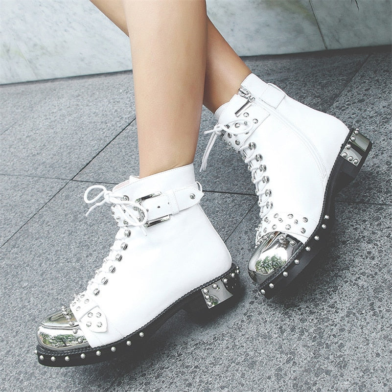 Women Punk Genuine Leather Ankle Motorcycle Boots