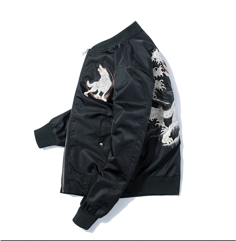 Men Embroidery Wolf Pilot Harajuku Casual Baseball Jacket