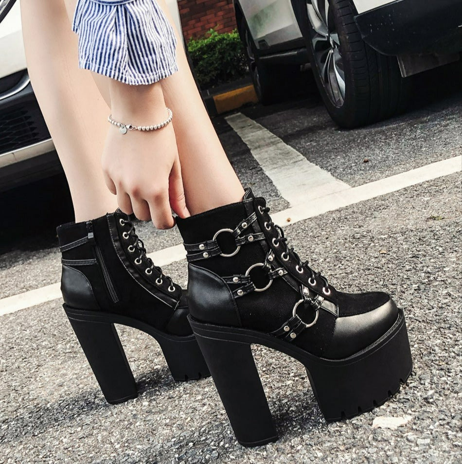 Women Motorcycle Platform Heels Lacing Round Toe Shoes