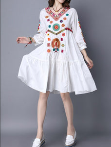 Women Vintage Bohemian Hippie Floral Embroidered Dress