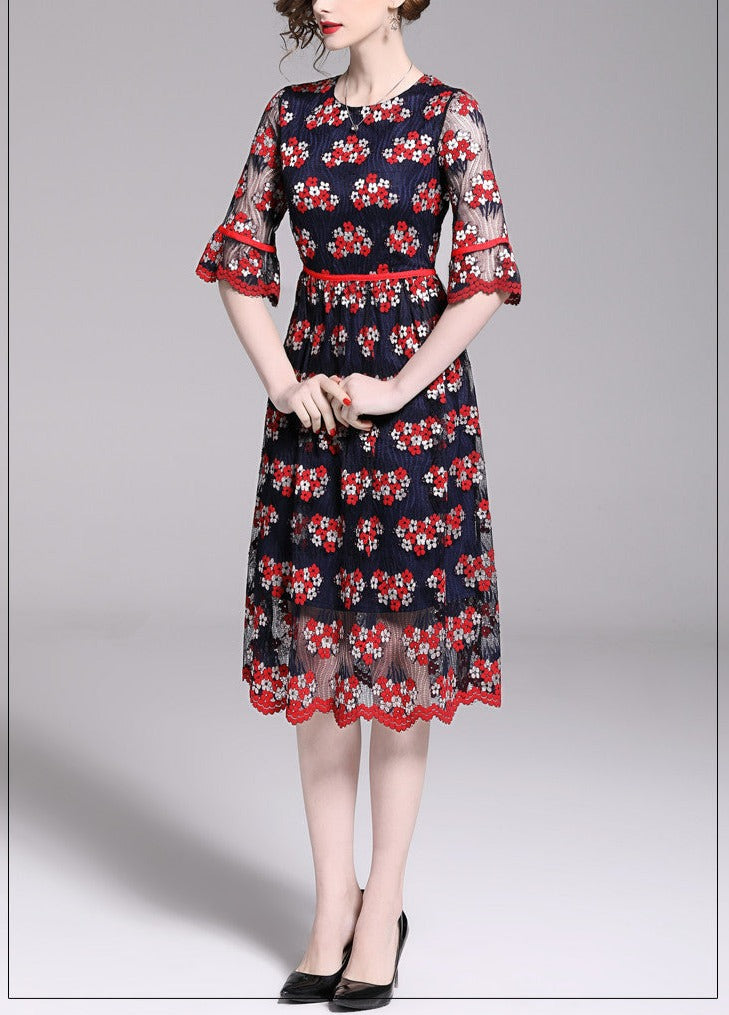 Women Embroidery Mesh Festa Vintage Dress