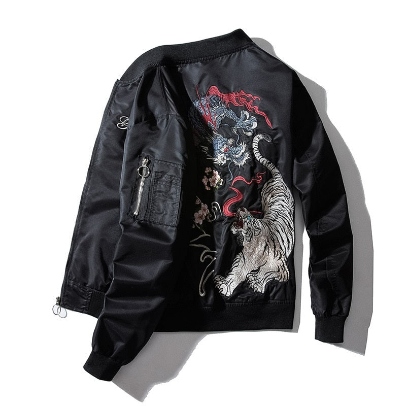 Men Embroidery Dragon Tiger Hip Hop Japanese Baseball Jacket