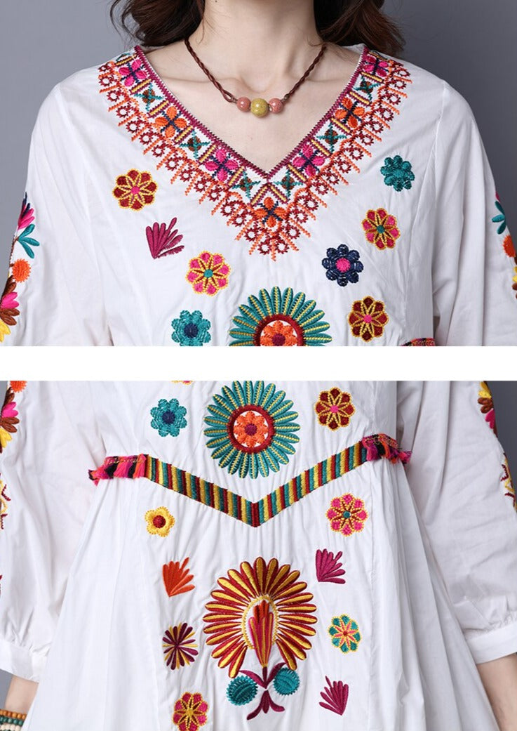Women Vintage Bohemian Hippie Floral Embroidered Dress