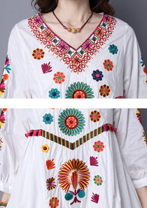 Women Vintage Bohemian Hippie Floral Embroidered Dress
