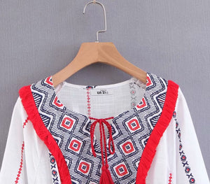 Women Floral Embroidery Bohemian Midi Dress