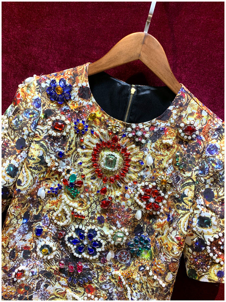 Women Runway Pearl Diamond Short Sleeve Vintage Mini Dress