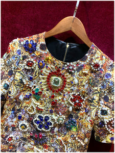 Women Runway Pearl Diamond Short Sleeve Vintage Mini Dress