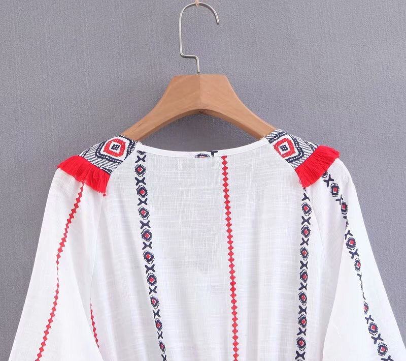 Women Floral Embroidery Bohemian Midi Dress