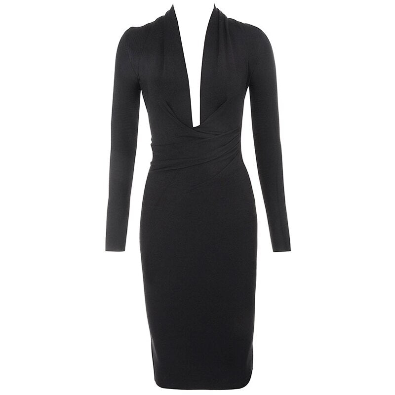 Women V Neck Draped Long Sleeve Midi Bandage Dress