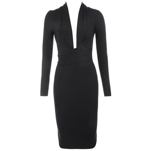 Women V Neck Draped Long Sleeve Midi Bandage Dress