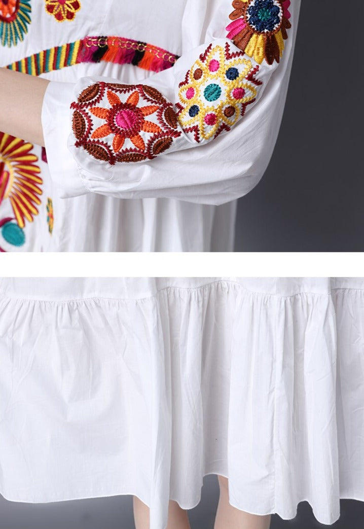 Women Vintage Bohemian Hippie Floral Embroidered Dress