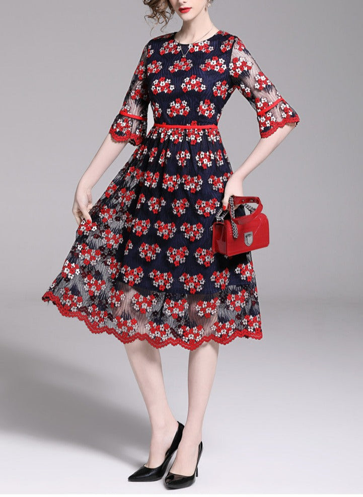Women Embroidery Mesh Festa Vintage Dress