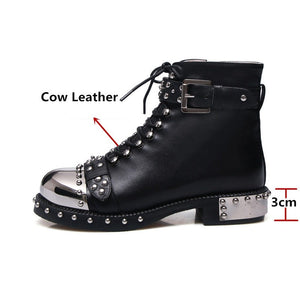 Women Punk Genuine Leather Ankle Motorcycle Boots