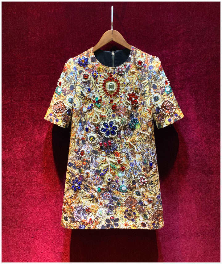 Women Runway Pearl Diamond Short Sleeve Vintage Mini Dress
