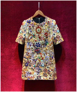 Women Runway Pearl Diamond Short Sleeve Vintage Mini Dress