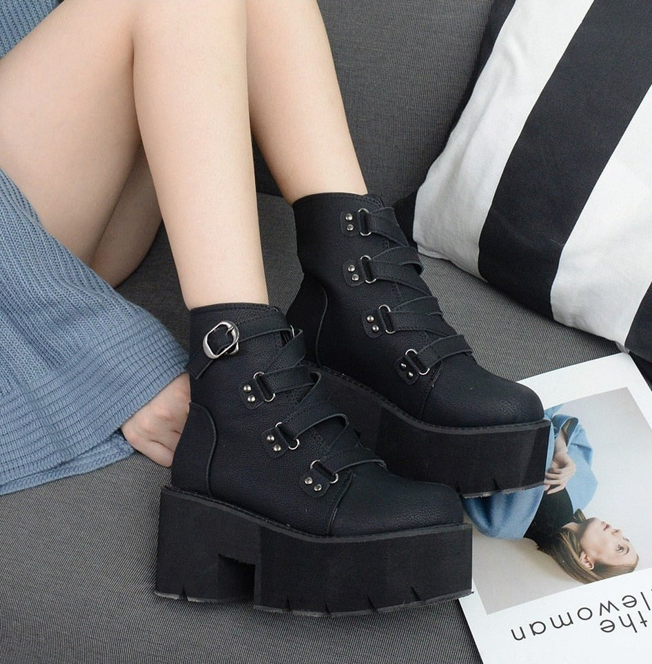 Women Ankle Rubber Sole Buckle Leather Shoes