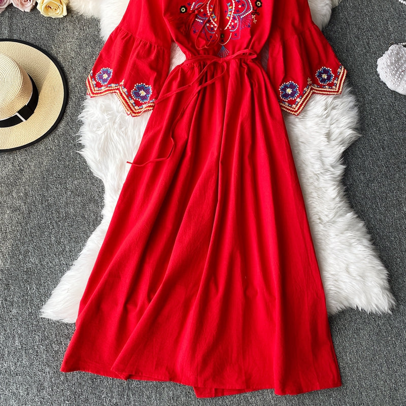 Women Embroidery Lacing Long A-line Dress