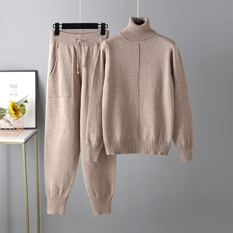 Women Knitted Tracksuit Turtleneck Sweater Carrot Jogging Pant 2 Pcs Set