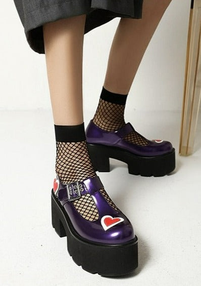 Women Chunky Goth Platform T Strap Heart Shoes