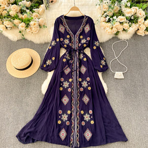 Women Embroidery Boho V-Neck Lantern Sleeve Dress