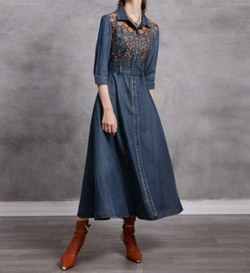 Women Boho Denim Turn-down Collar Dress