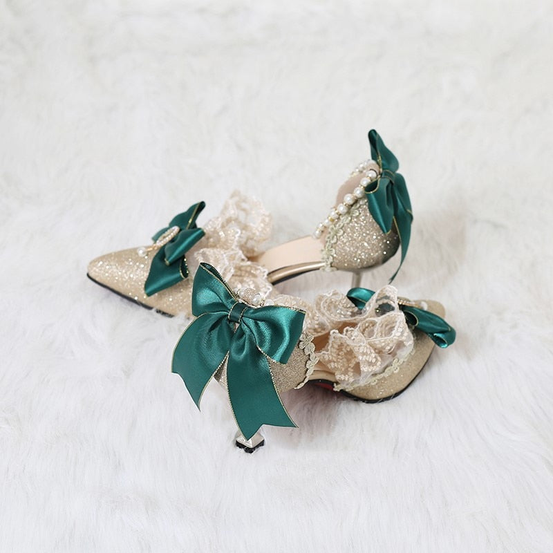 Women Pointed Toe Thin Satin High Heels Lolita Shoes