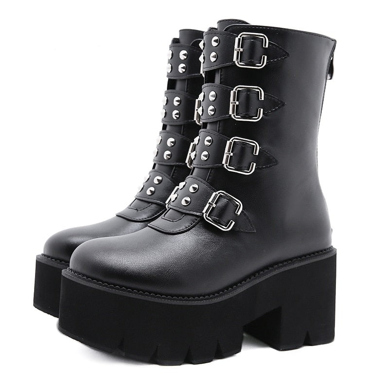 Women Gothic Punk Chunky Heels Combat Motorcycle Boots