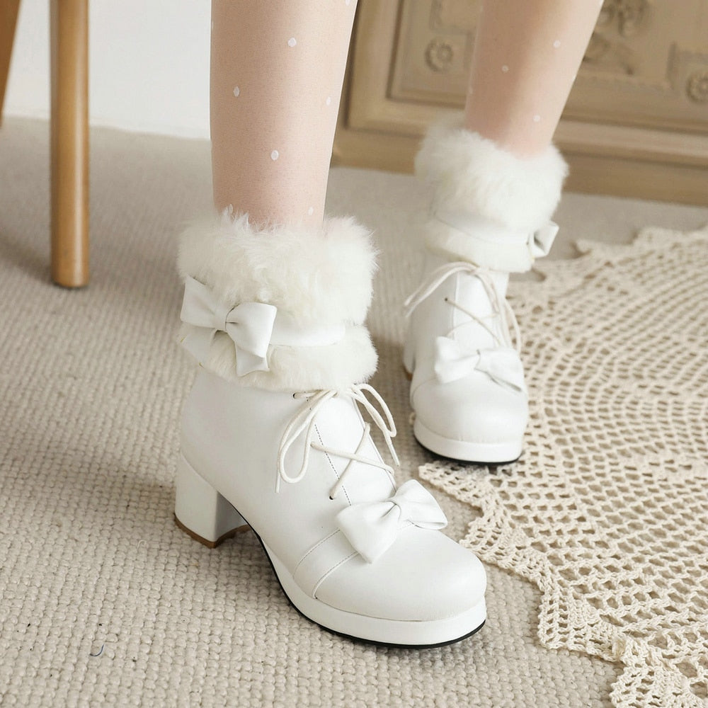 Women Fluffy Round Toe Kawaii Anime Cosplay Japanese Lolita Boots