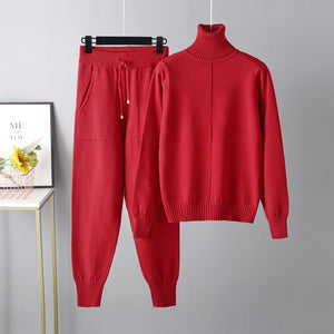 Women Knitted Tracksuit Turtleneck Sweater Carrot Jogging Pant 2 Pcs Set