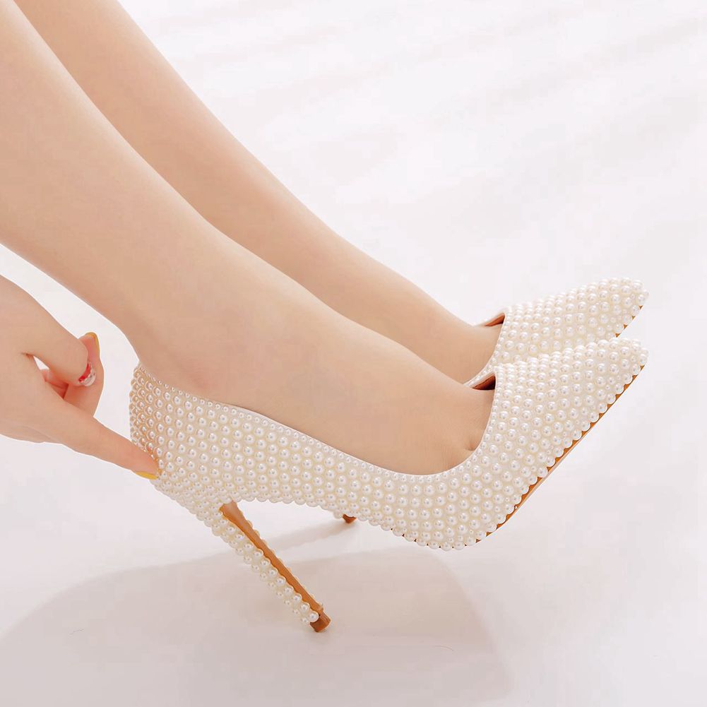Women Pearl Handmade Wedding Shoes Bridal High Heels