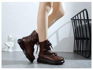 Women Retro Genuine Leather Concise Sewing Ankle Boots