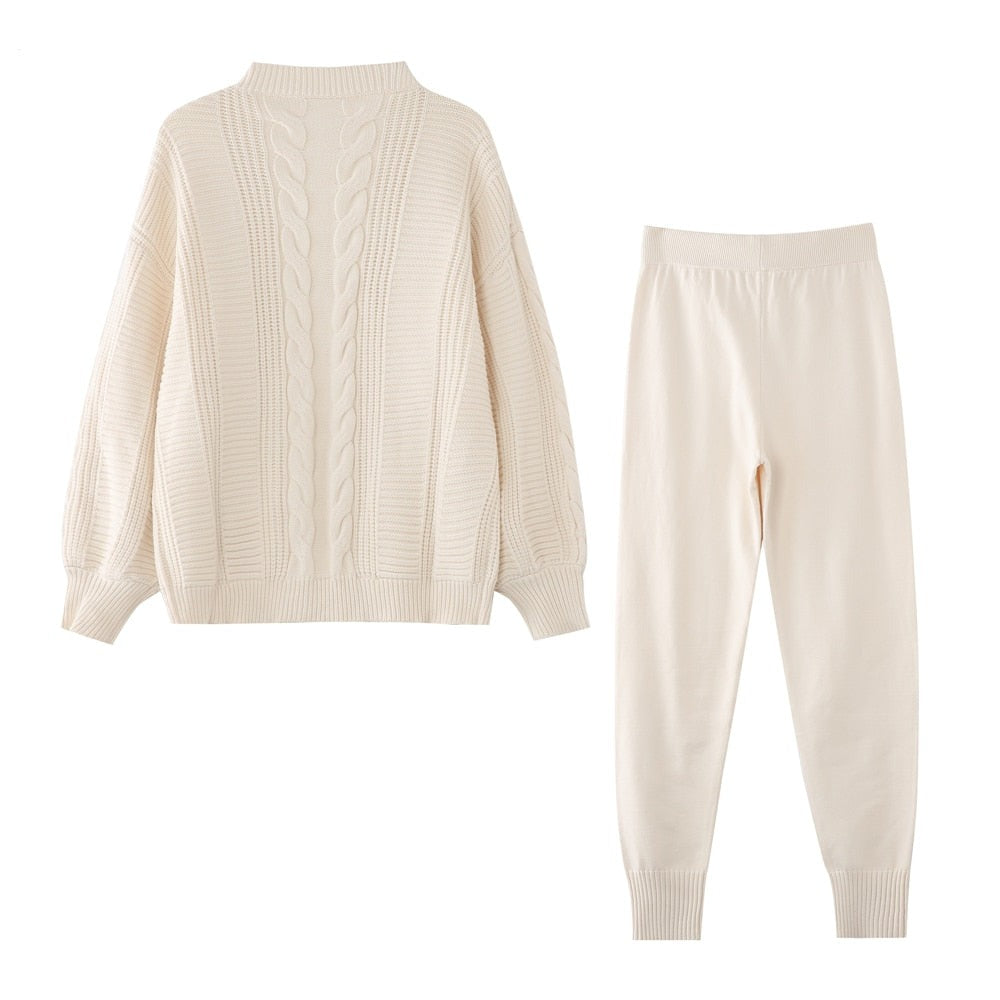 Women V-neck Single Breasted Cardigan Pant Sweater 2 Pcs Set