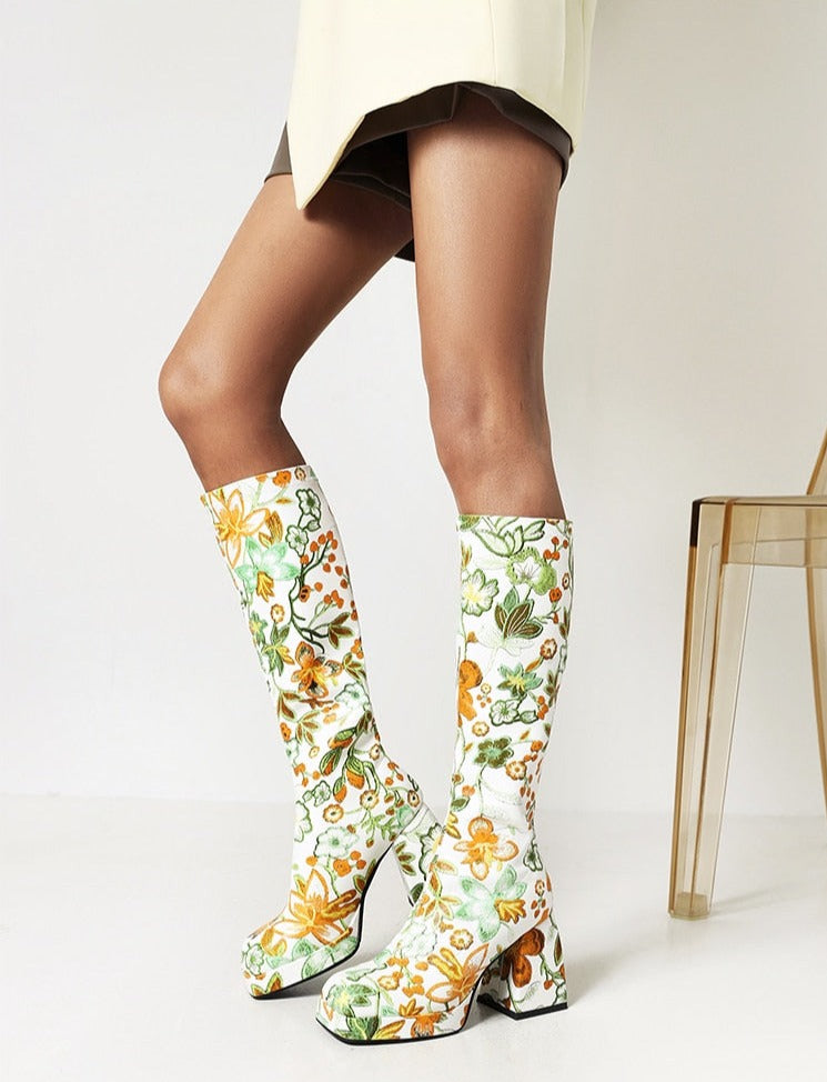 Women Floral Knee-Length Square-Toe High Thick Heel Boots