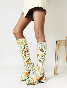 Women Floral Knee-Length Square-Toe High Thick Heel Boots