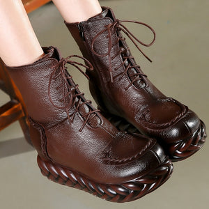 Women Vintage Genuine Leather Ankle Cowhide Lace-Up Boots