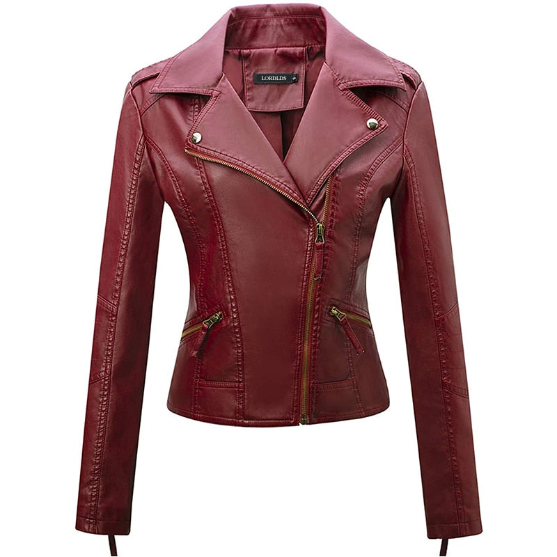 Women Retro Faux Leather Moto Biker Slim Fit Jackets