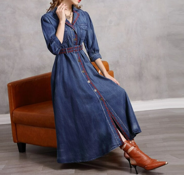 Woman Embroidery Boho Denim Vintage Belted Dress