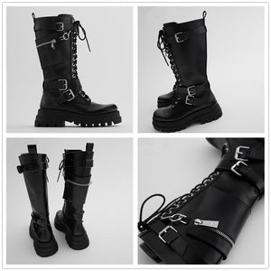 Women Punk Goth Platforms Motorcycle Pocket Bags Zipper Lace Up Combat Boots