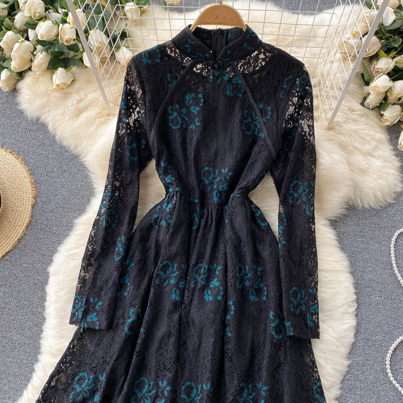 Women Vintage Lace Floral Slim Vestidos Elegant Dress
