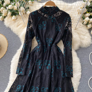 Women Vintage Lace Floral Slim Vestidos Elegant Dress