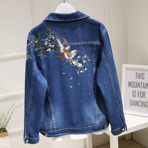 Women Embroidery Floral Vintage Denim Coat