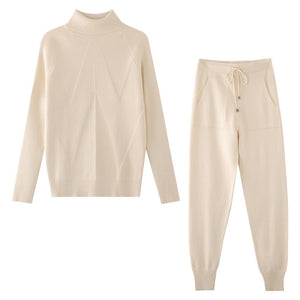 Women Striped Turtleneck Sweater Elastic Trouser Suits 2 Piece Set