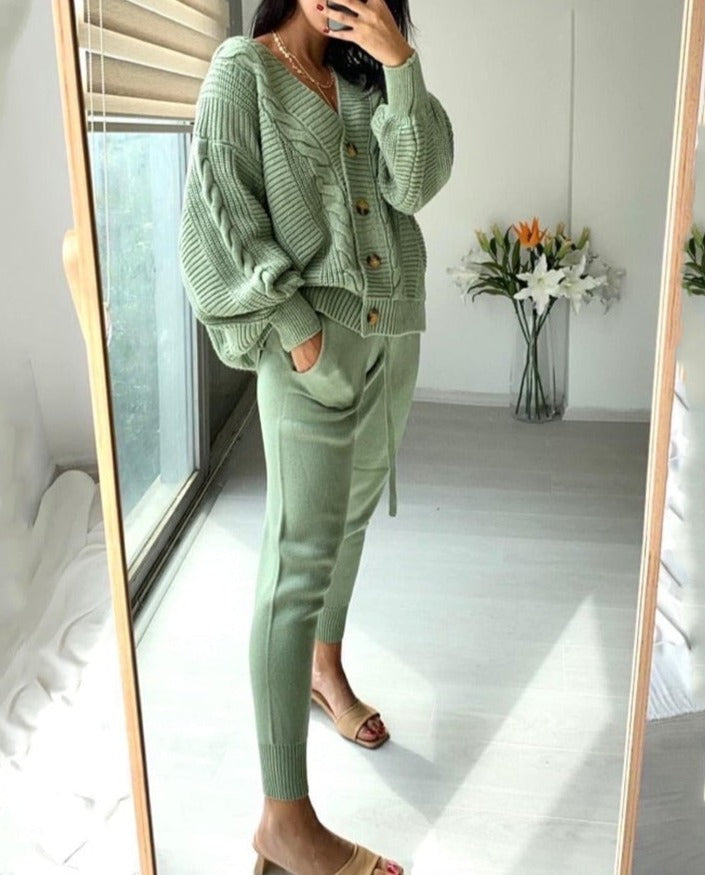 Women V-neck Single Breasted Cardigan Pant Sweater 2 Pcs Set