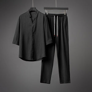 Men Harajuku Oversized Ice Silk Linen 2 Piece Suit