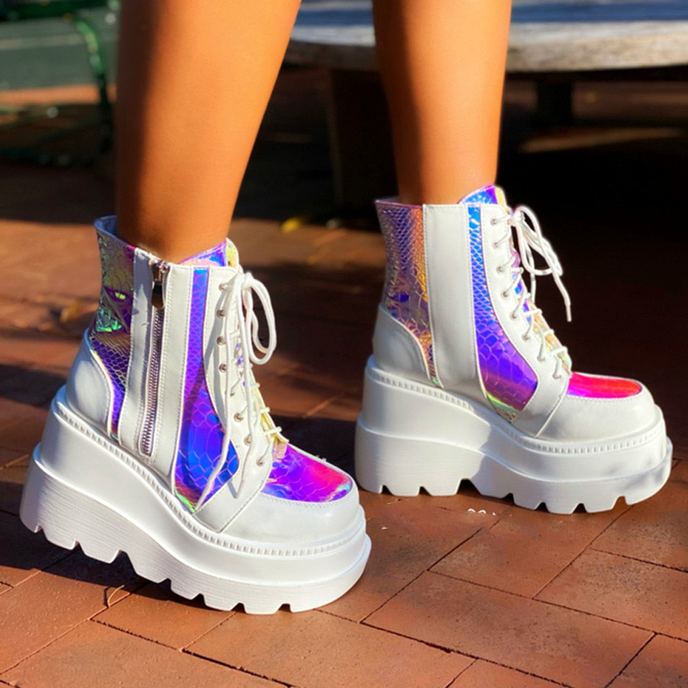 Women Wedges Zip Ankle Colourful Boots