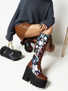 Women Floral Texture Cross Strap Knee-Length Boots