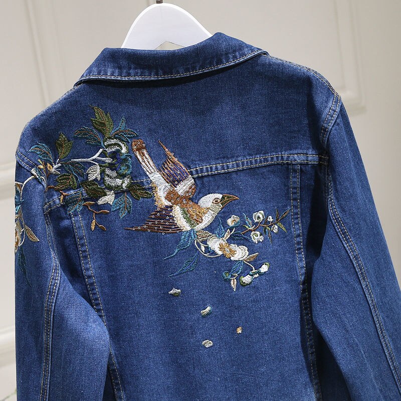 Women Embroidery Floral Vintage Denim Coat