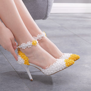 Women Handmade Lace Pointed Toe Flower Pearls Pumps Wedding Shoes