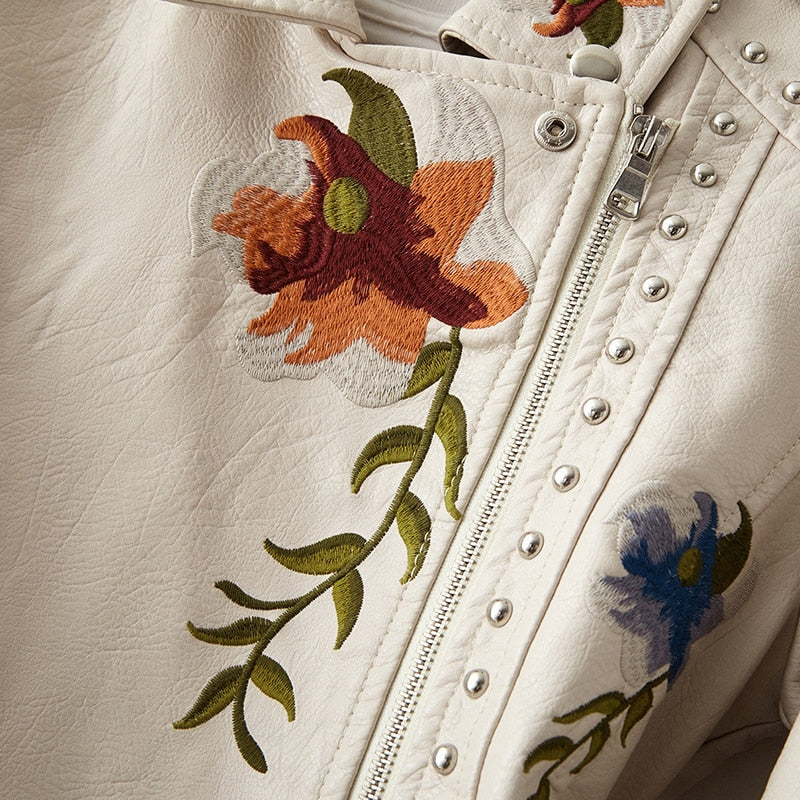 Women Floral Embroidery Soft Leather Retro Jacket