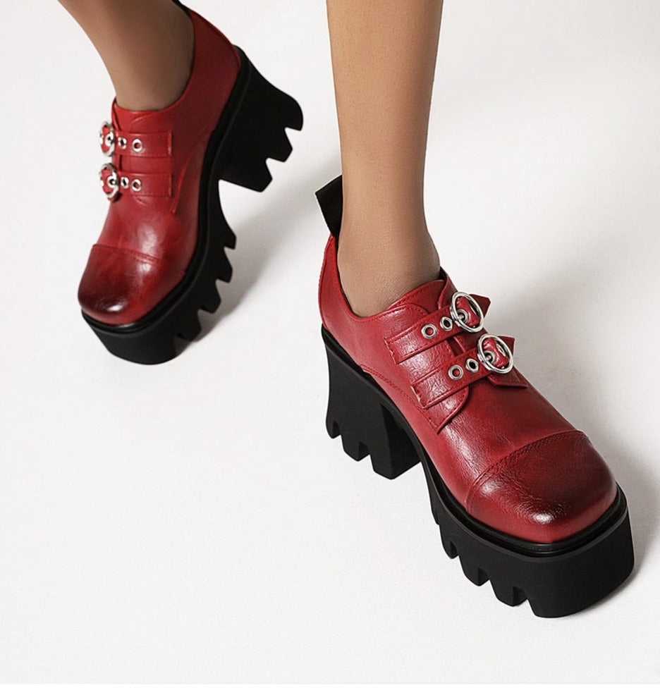 Women Vintage Buckle Block Heel Pumps Goth Shoes